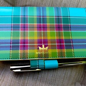 Baekgaard Lime/Aqua/Purple Plaid Leather Checkbook Cover with Pen.